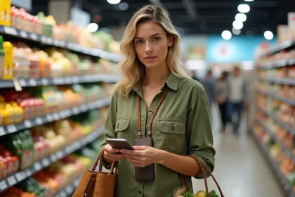 Mère débordée utilisant une coque de téléphone avec cordon autour du cou pour garder les mains libres dans un supermarché