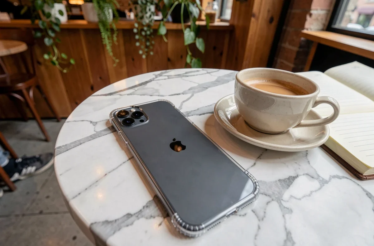 iPhone 14 Plus avec coque transparente anti-rayures posé sur une table de café avec un carnet et un café