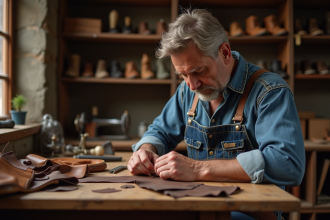 Cordonnière homme en atelier traditionnel en train de coudre du cuir