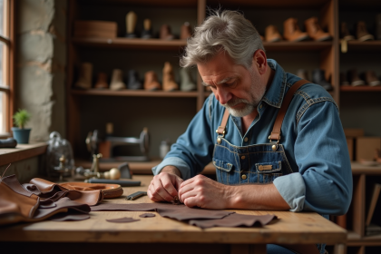 Cordonnière homme en atelier traditionnel en train de coudre du cuir