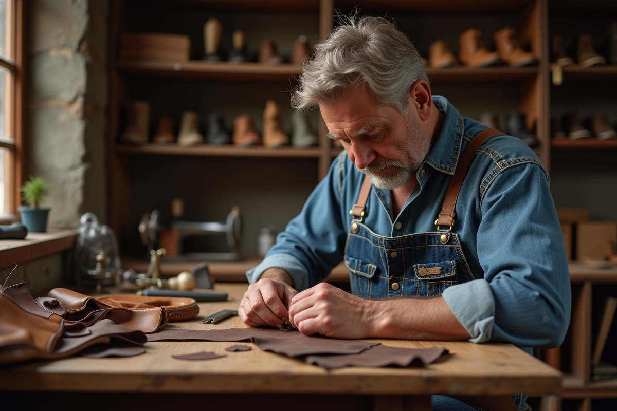 Cordonnière homme en atelier traditionnel en train de coudre du cuir
