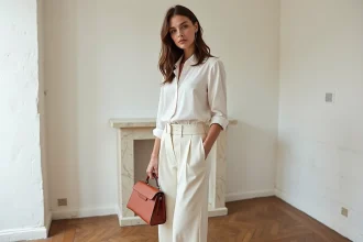 Femme en chemise blanche classique et pantalon ivoire tenant un sac terracotta-rose, couleur mode 2026, dans un appartement parisien minimaliste