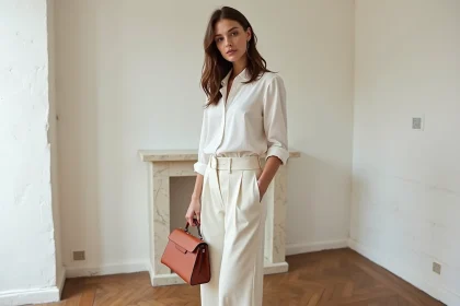 Femme en chemise blanche classique et pantalon ivoire tenant un sac terracotta-rose, couleur mode 2026, dans un appartement parisien minimaliste