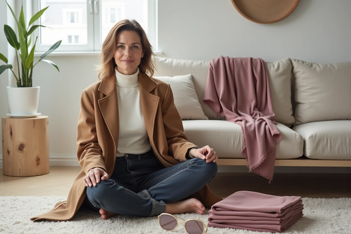 Femme assise entourée de basiques mode intemporels et d'un foulard en soie violet-poussiéreux, couleur phare de la mode 2026, dans un salon scandinave