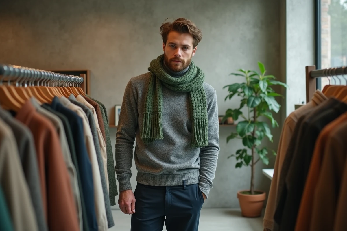 Homme en pull gris et chino marine avec écharpe vert sauge, couleur tendance 2026, dans une boutique de mode indépendante