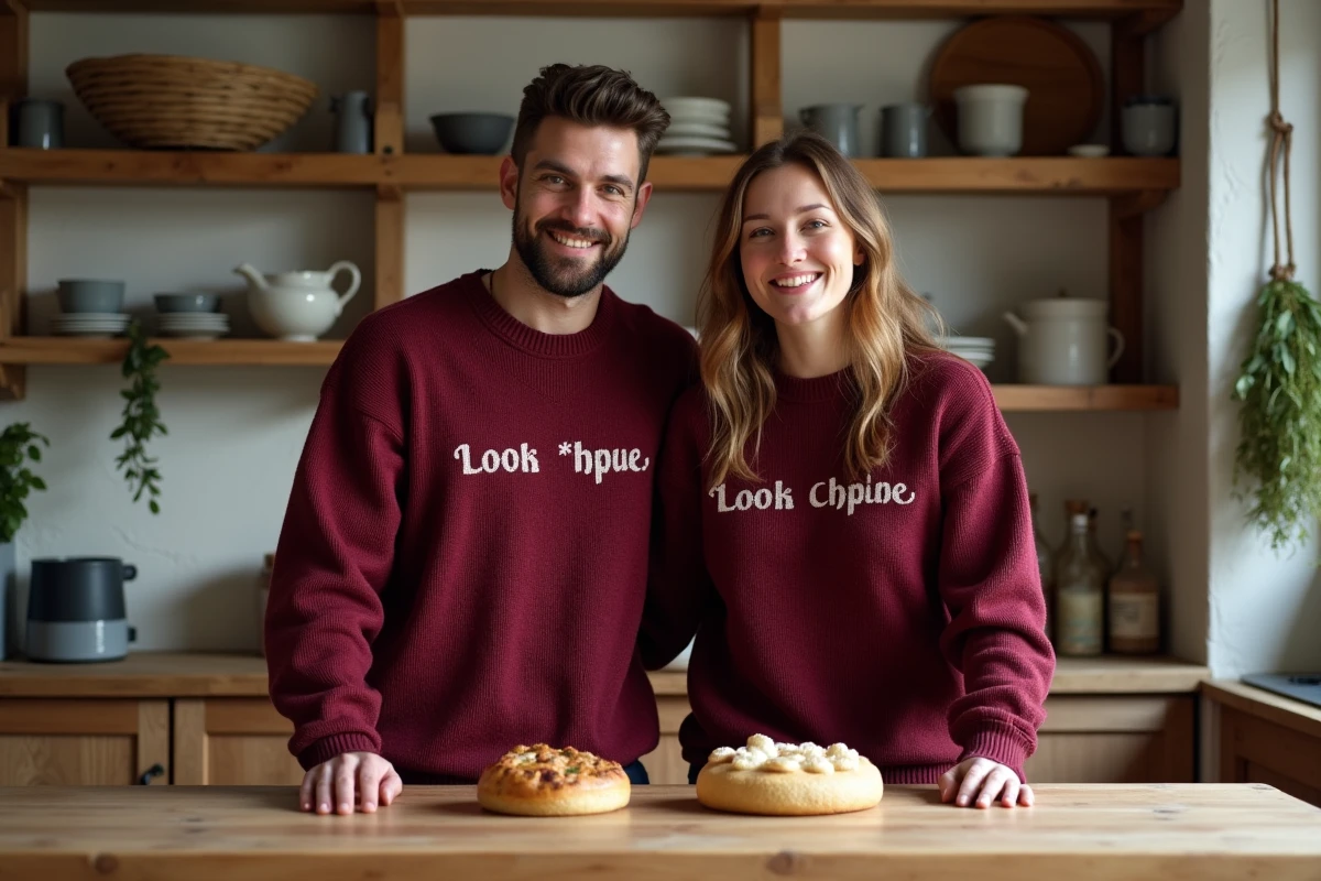 Couple en pulls bordeaux personnalisés avec message humoristique partagé, s'amusant dans une cuisine rustique en bois