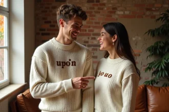 Couple portant des pulls assortis personnalisés avec des messages humoristiques, riant dans un salon cosy avec murs en briques apparentes