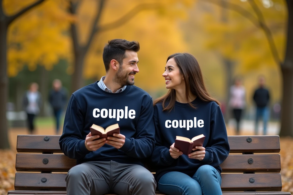 Homme et femme en sweatshirts assortis personnalisés assis dos à dos sur un banc dans un parc automnal aux feuilles dorées