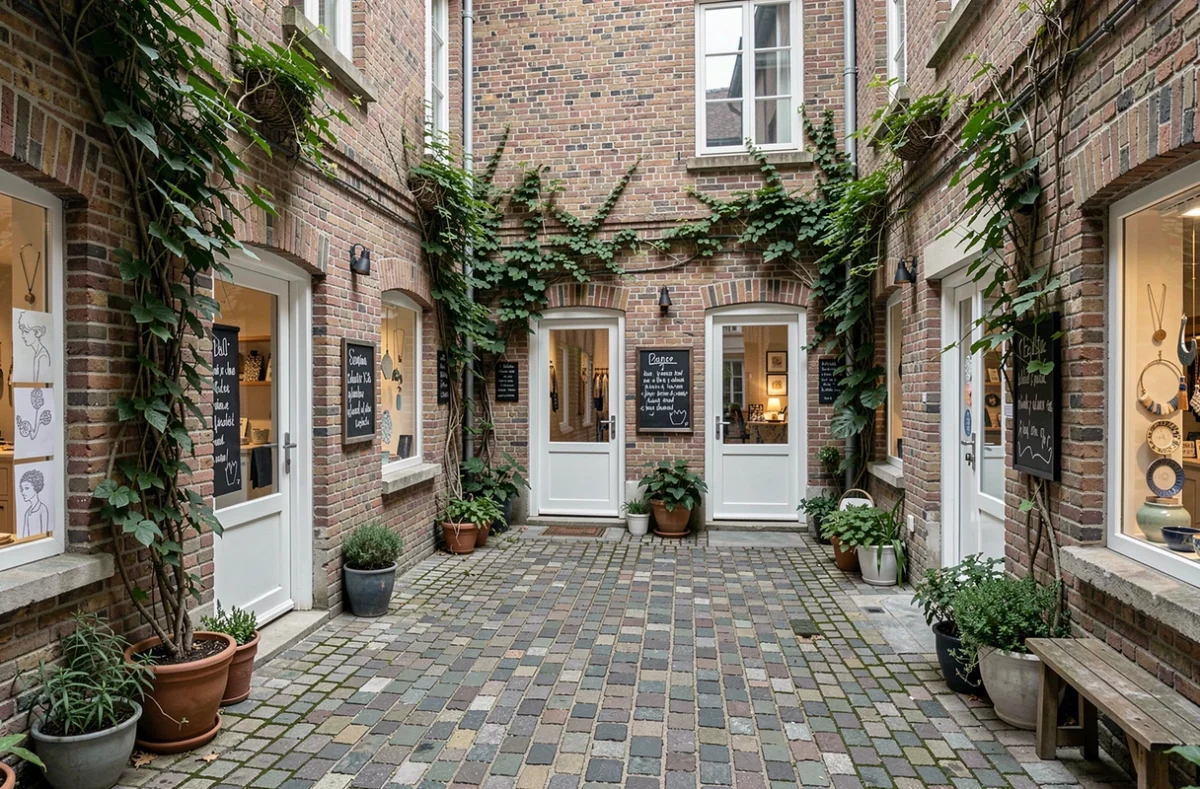Cour artisanale Brocéliande à Nantes avec studios de créateurs ouverts sur une cour intérieure pavée en brique