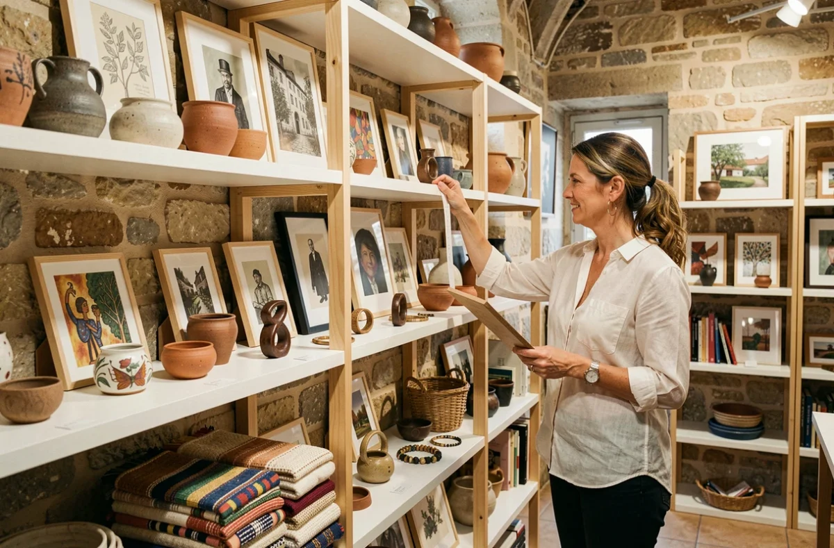 Galerie collective Les Créateurs d'Anjou à Angers avec œuvres artisanales et objets d'art locaux sur étagères en chêne