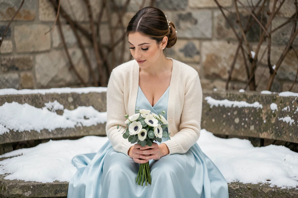 Demoiselle d'honneur assise en robe bleu pastel et bolero crème tenant un bouquet lors d'un mariage d'hiver dans une cour en pierre