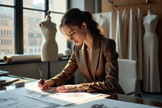 Femme stylée en tailleur créatif dans un studio de mode