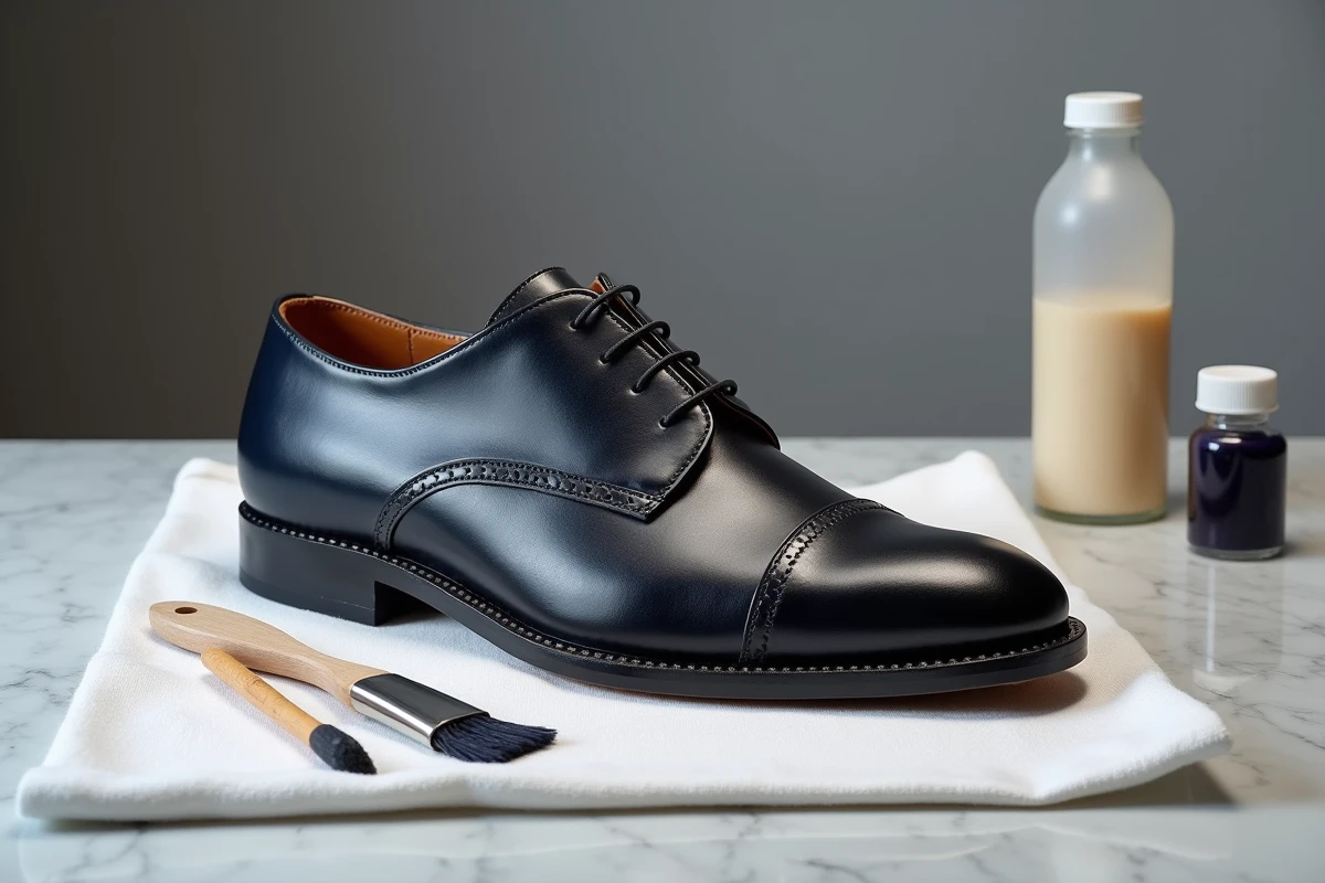 Gros plan d'une chaussure derby en cuir à moitié teinte en bleu marine montrant les surpiqûres blanches parfaitement préservées grâce au masking tape sur fond marbre