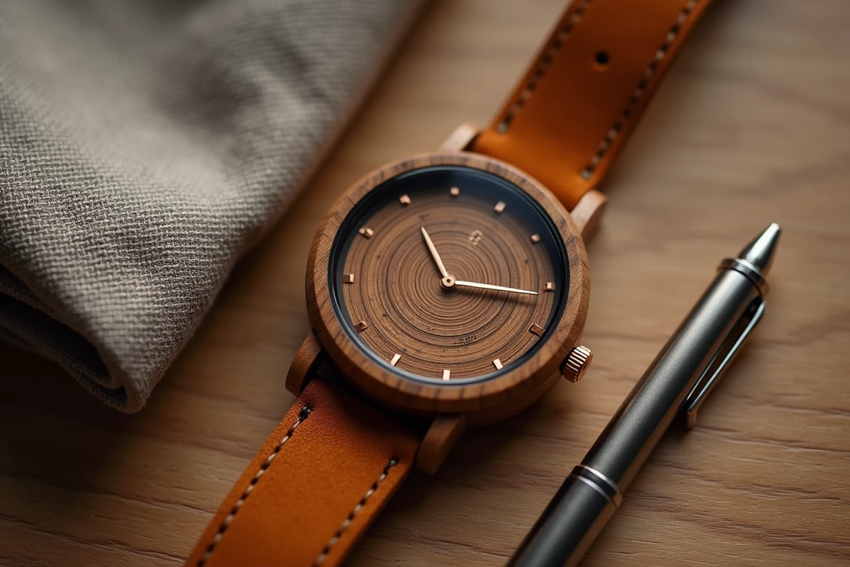 Détail d'une montre bois de luxe posée sur un bureau en chêne avec bracelet suède cognac
