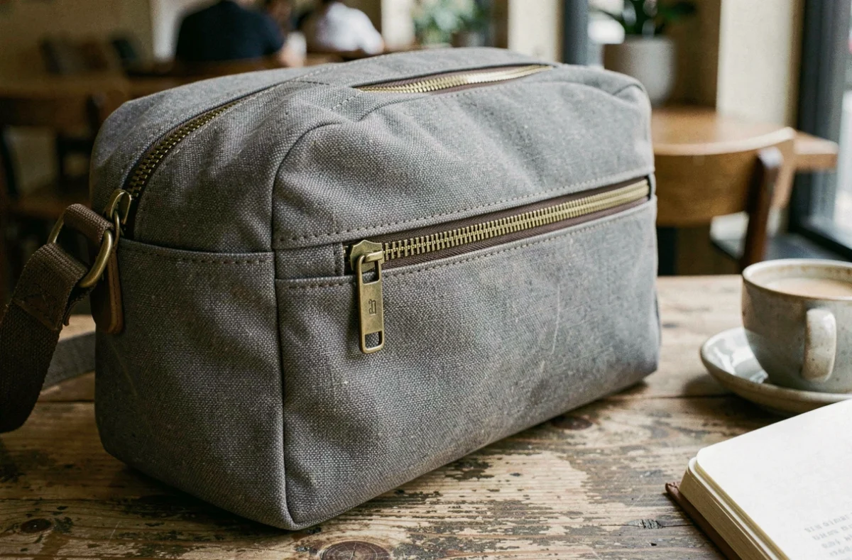 Détail macro d'un sac de travail femme en nylon recyclé avec fermetures éclair en laiton sur une table en bois de café urbain