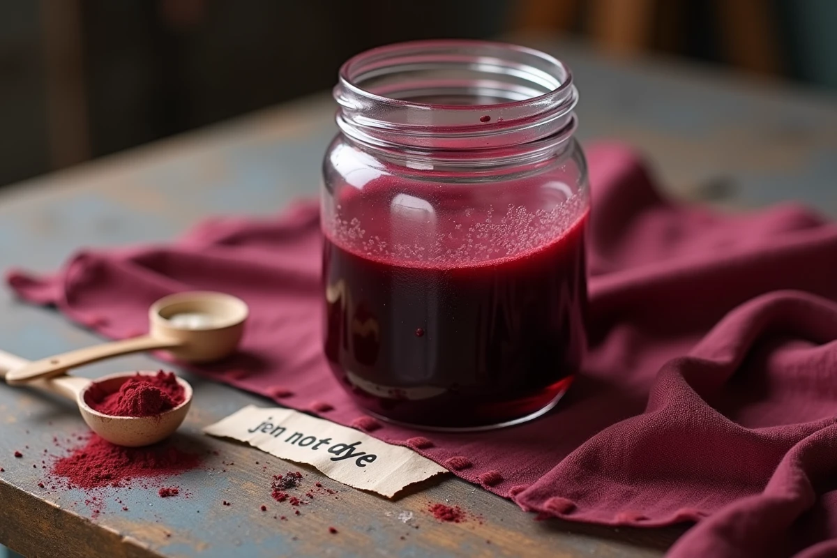 Gros plan d'un tissu polyester trempé dans un bocal de teinture bordeaux sur une table en bois, avec une étiquette 'ne pas teindre' et des outils de teinture artisanale