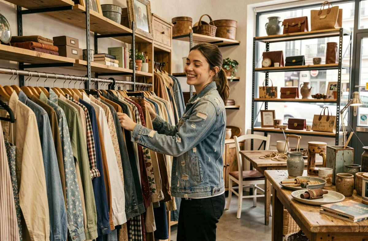 Boutique Emmaüs Alternatives à Nantes avec vêtements vintage, objets recyclés et mobilier de seconde main