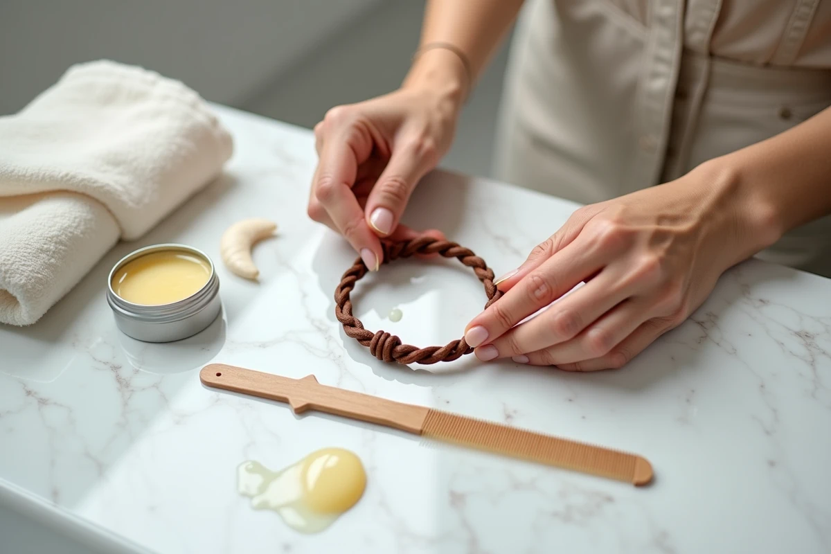 Application de cire d'abeille pour entretenir un bracelet cordon en cuir et coton tressé sur marbre blanc