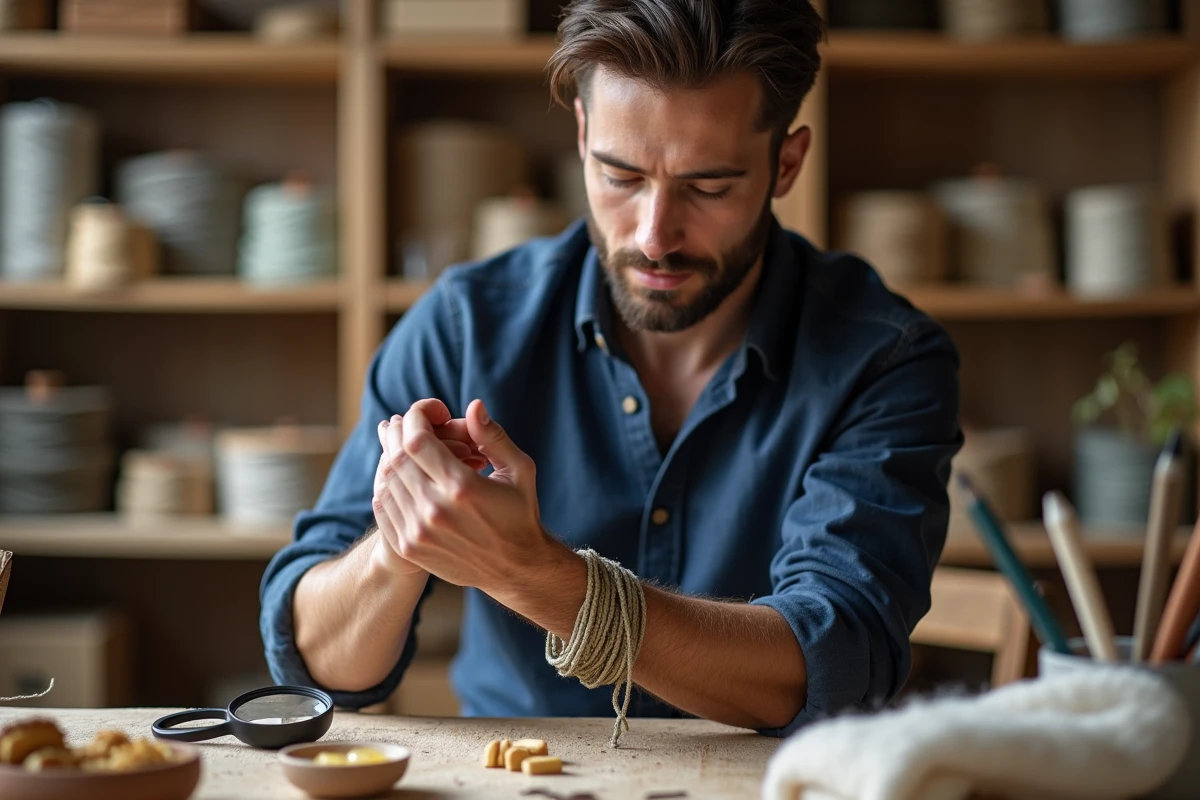 Homme inspectant un bracelet cordon en macramé pour détecter des fils usés dans un atelier artisanal