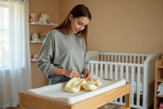 Maman examinant attentivement une grenouillère bébé jaune pastel sur une table à langer en bois dans une chambre de bébé cosy