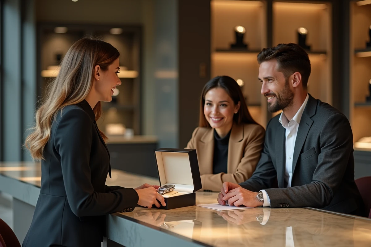Conseillère de vente présentant une Rolex dans son écrin à un couple en boutique horlogère de luxe
