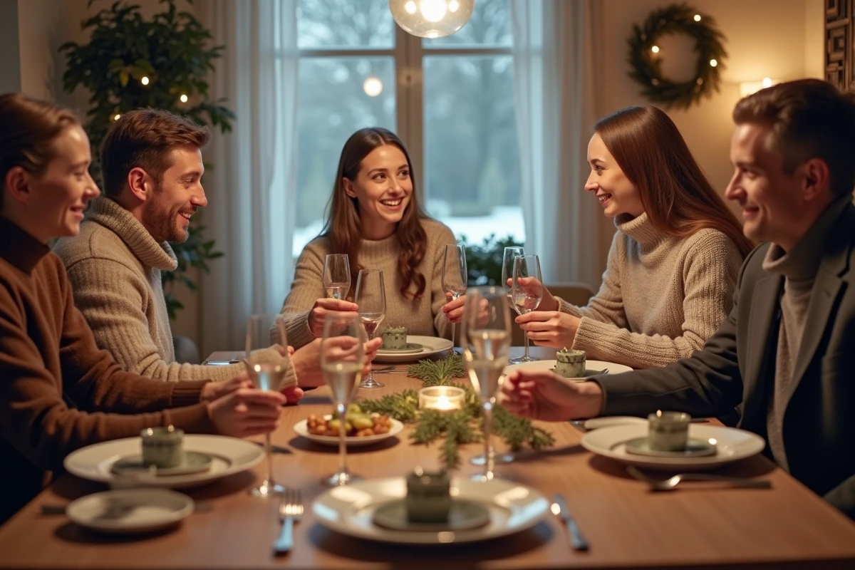 Famille r&eacute;unie autour d une table de f&ecirc;te pour le r&eacute;veillon
