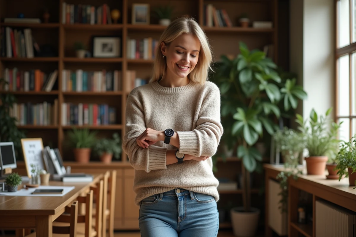 Femme ajustant ses montres dans un bureau lumineux