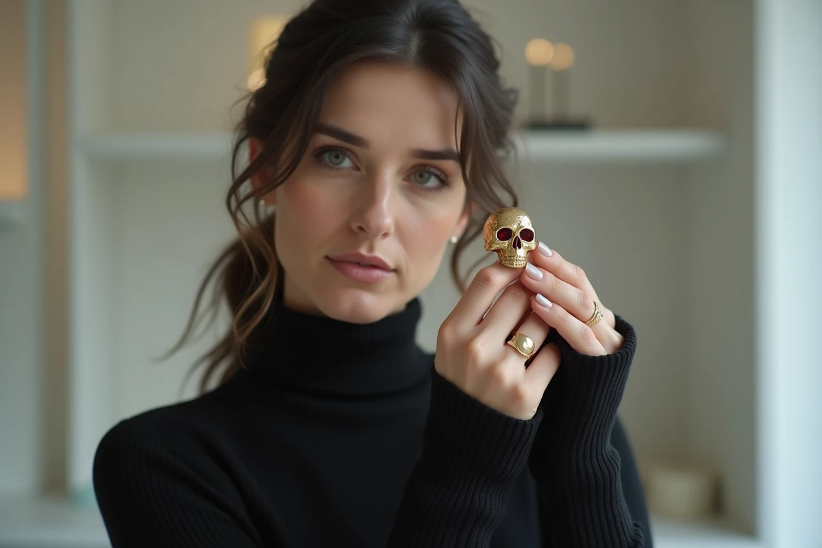 Femme tenant une bague crâne en or avec yeux en grenat dans une bijouterie minimaliste, regard pensif et analytique