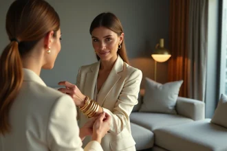 Femme élégante portant un blazer crème et bracelet or