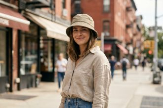 Jeune femme portant un bob kaki en coton dans une rue urbaine animée, style casual chic