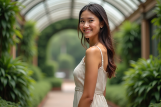 Jeune femme en robe d'été dans un jardin botanique