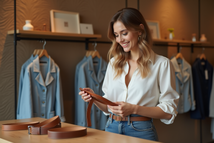 Femme souriante examinant une ceinture en boutique de vêtements