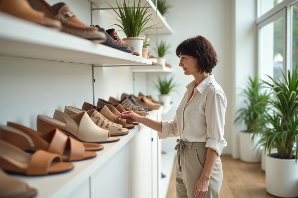 Femme regardant des sandales modernes en boutique