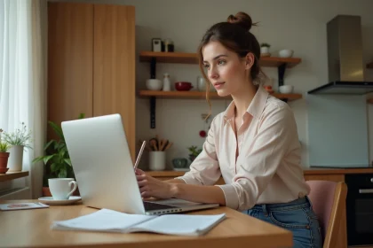 Jeune femme au bureau dans une cuisine la nuit