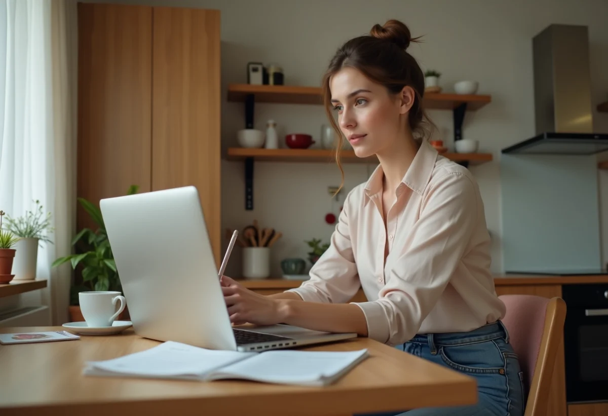Jeune femme au bureau dans une cuisine la nuit