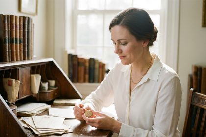 Femme en blouse blanche tenant un médaillon dans un bureau lumineux