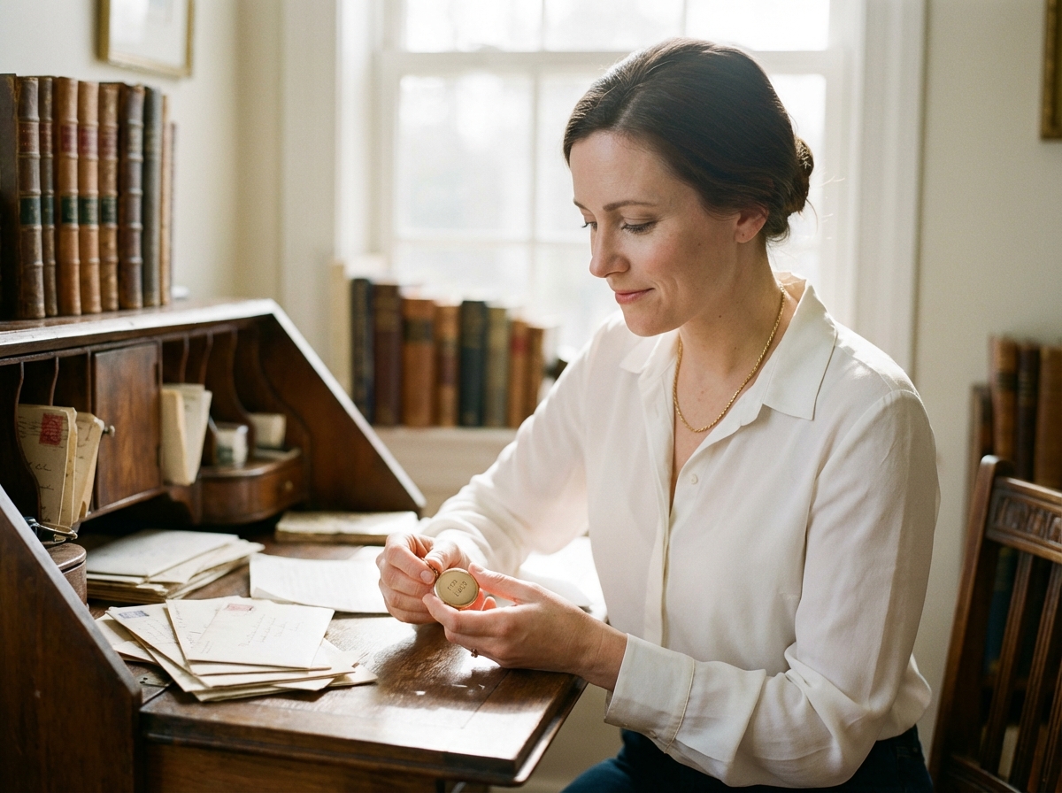Femme en blouse blanche tenant un médaillon dans un bureau lumineux