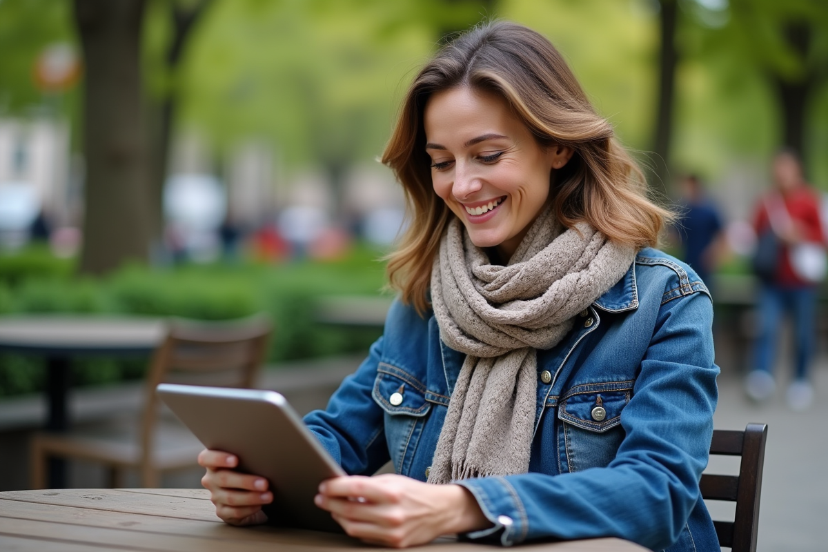 Femme souriante regardant des photos de barbes sur une tablette en extérieur