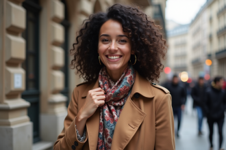 Jeune femme élégante ajustant son foulard dans la ville