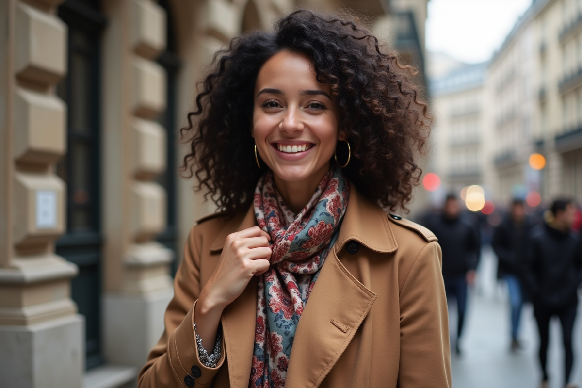 Jeune femme élégante ajustant son foulard dans la ville