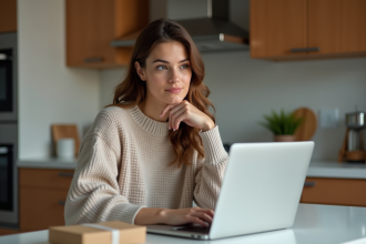 Femme pensant devant son ordinateur dans la cuisine