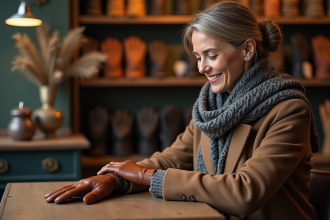 Femme élégante en gants en cuir dans une boutique parisienne