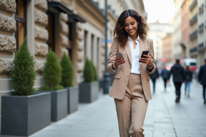 Femme élégante en blazer beige dans une rue urbaine