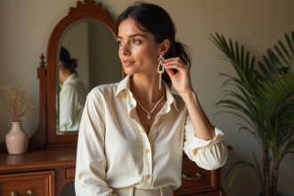 Femme élégante portant des perles dans une chambre chaleureuse