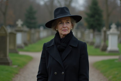 Femme élégante au cimetiere portant un chapeau large