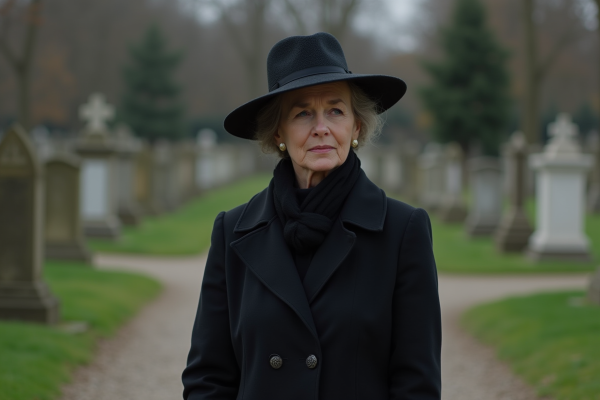 Femme élégante au cimetiere portant un chapeau large