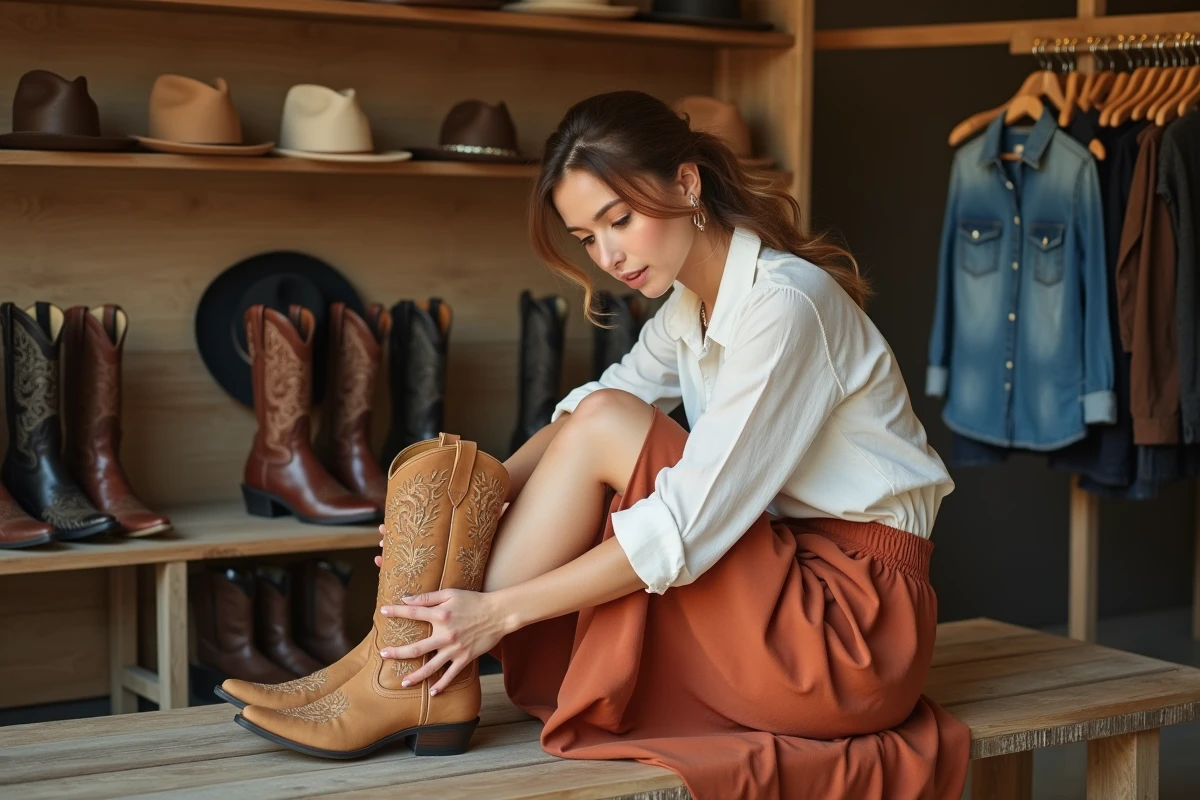 Femme essayant des bottes cowboy en daim beige dans une boutique western, assise sur un banc en bois avec des détails de tige fleuris