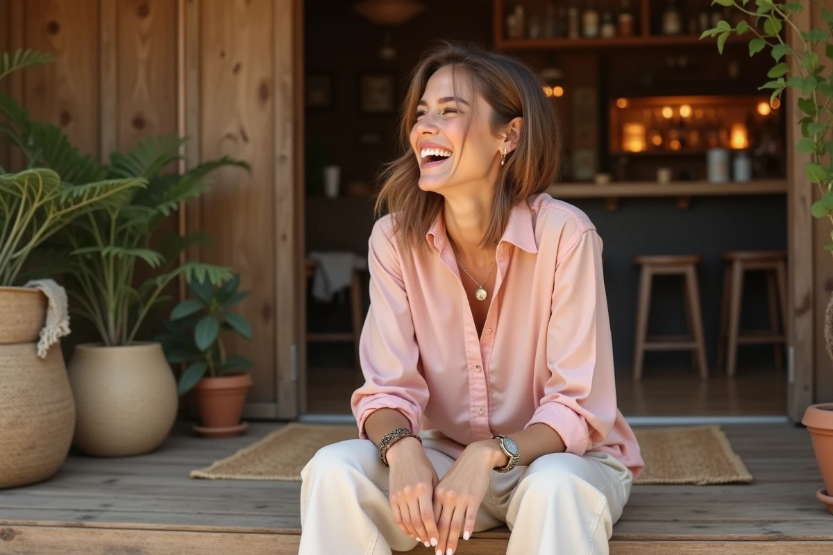 Femme souriante assise dans un espace lounge de festival