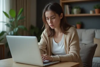 Jeune femme concentrée et frustrée devant son ordinateur à la maison