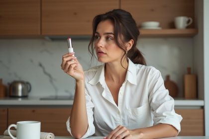 Femme examine un rouge à lèvres dans une cuisine chaleureuse